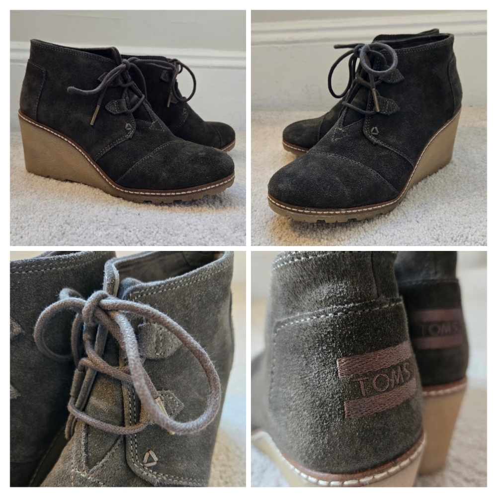 TOMS Desert Wedge Booties | Gray Suede Lace-Up Ankle Wedge | Size 7.5